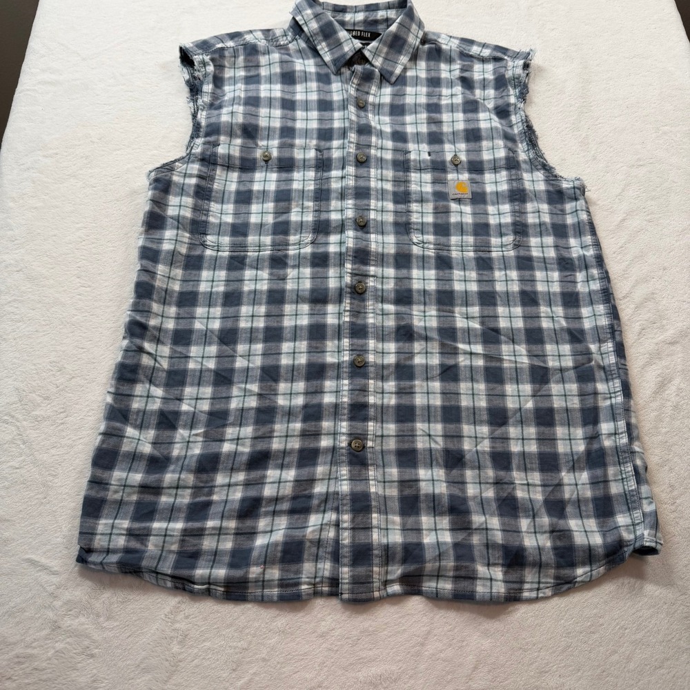 Carhartt Sleeveless Flannel‎ Mens M Blue Good Custom Cut Rugged Flex TW5701-M